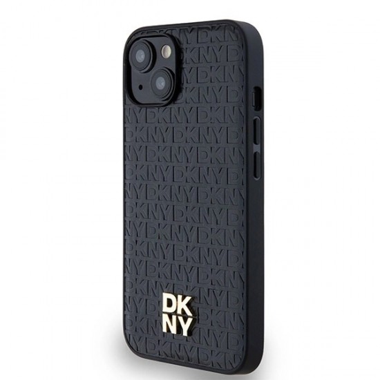 DKNY Leather Monogram Pattern Metal Logo MagSafe Case for iPhone 15/14/13 - Black