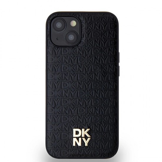 DKNY Leather Monogram Pattern Metal Logo MagSafe Case for iPhone 15/14/13 - Black