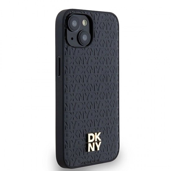 DKNY Leather Monogram Pattern Metal Logo MagSafe Case for iPhone 15/14/13 - Black