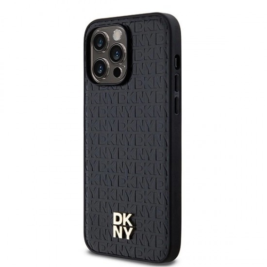 DKNY Leather Monogram Pattern Metal Logo MagSafe Case for iPhone 14 Pro Max - Black