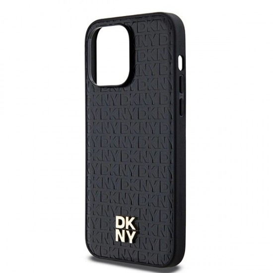 DKNY Leather Monogram Pattern Metal Logo MagSafe Case for iPhone 14 Pro Max - Black