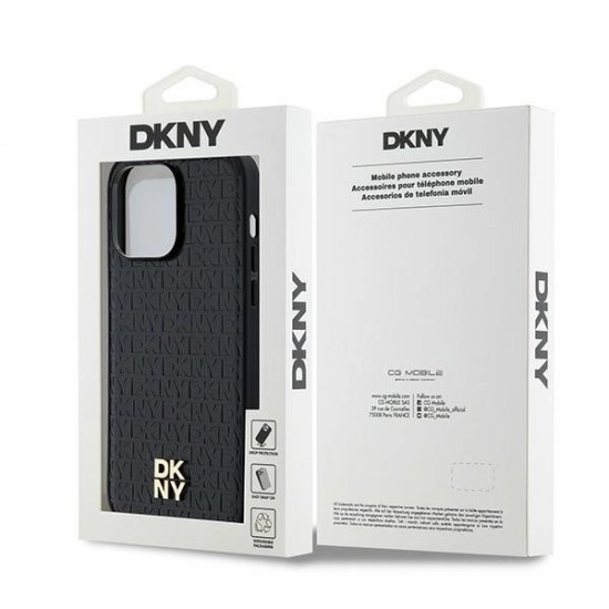 DKNY Leather Monogram Pattern Metal Logo MagSafe Case for iPhone 14 Pro Max - Black