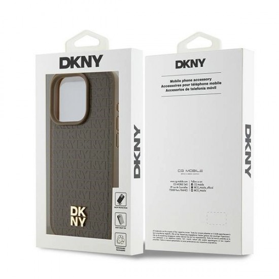 DKNY Leather Pattern Metal Logo MagSafe Case for iPhone 14 Pro Max - Brown