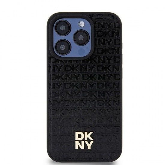 DKNY Leather Monogram Pattern Metal Logo MagSafe Case for iPhone 15 Pro - Black