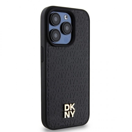 DKNY Leather Monogram Pattern Metal Logo MagSafe Case for iPhone 15 Pro - Black