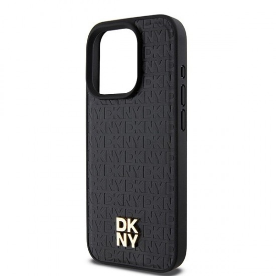 DKNY Leather Monogram Pattern Metal Logo MagSafe Case for iPhone 15 Pro - Black