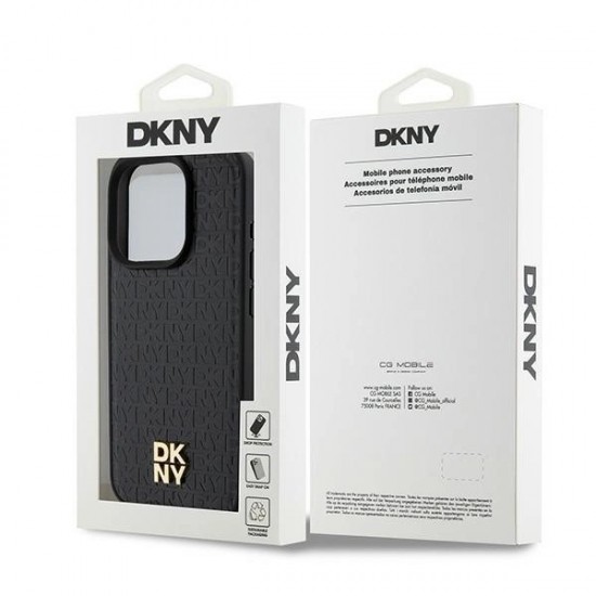DKNY Leather Monogram Pattern Metal Logo MagSafe Case for iPhone 15 Pro - Black