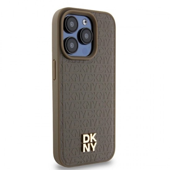 DKNY Leather Monogram Pattern Metal Logo MagSafe Case for iPhone 15 Pro - Brown