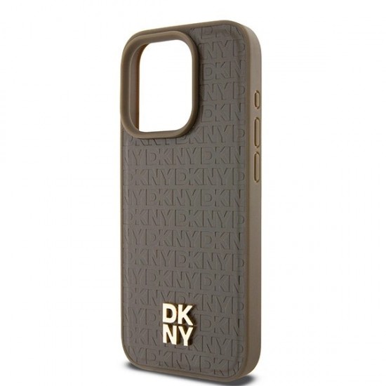 DKNY Leather Monogram Pattern Metal Logo MagSafe Case for iPhone 15 Pro - Brown
