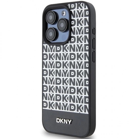 DKNY Leather Printed Pattern Metal Logo MagSafe Case for iPhone 15 Pro - Black