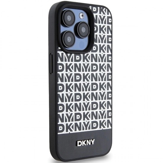 DKNY Leather Printed Pattern Metal Logo MagSafe Case for iPhone 15 Pro - Black