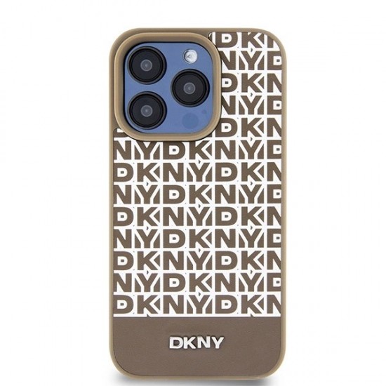 DKNY Leather Printed Pattern Metal Logo MagSafe Case for iPhone 15 Pro - Brown