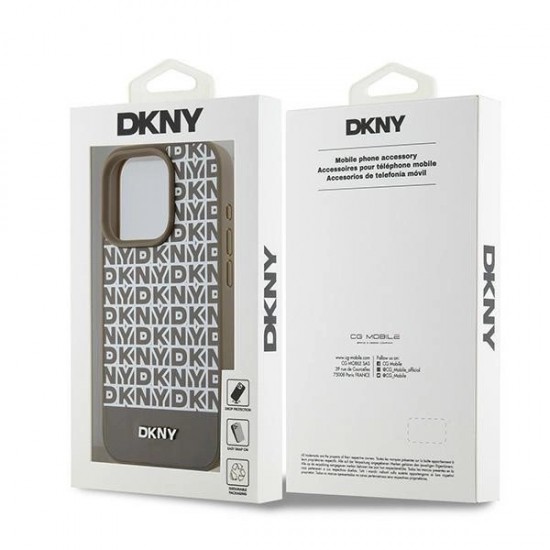 DKNY Leather Printed Pattern Metal Logo MagSafe Case for iPhone 15 Pro - Brown