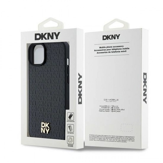 DKNY Leather Monogram Pattern Metal Logo MagSafe Case for iPhone 15 Plus / 14 Plus - Black