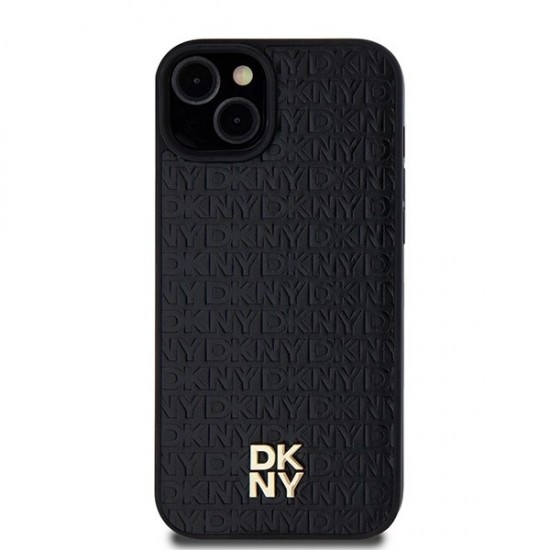 DKNY Leather Pattern Metal Logo MagSafe Case for iPhone 15/14/13 - Black