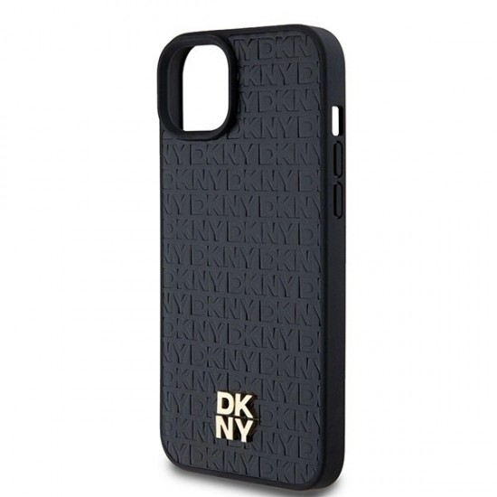 DKNY Leather Pattern Metal Logo MagSafe Case for iPhone 15/14/13 - Black