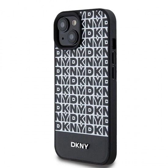 DKNY Leather Printed Pattern Metal Logo MagSafe Case for iPhone 15/14/13 - Black