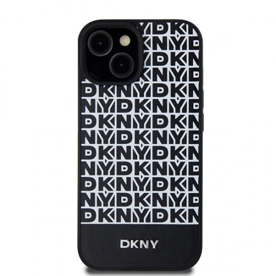 DKNY Leather Printed Pattern Metal Logo MagSafe Case for iPhone 15/14/13 - Black