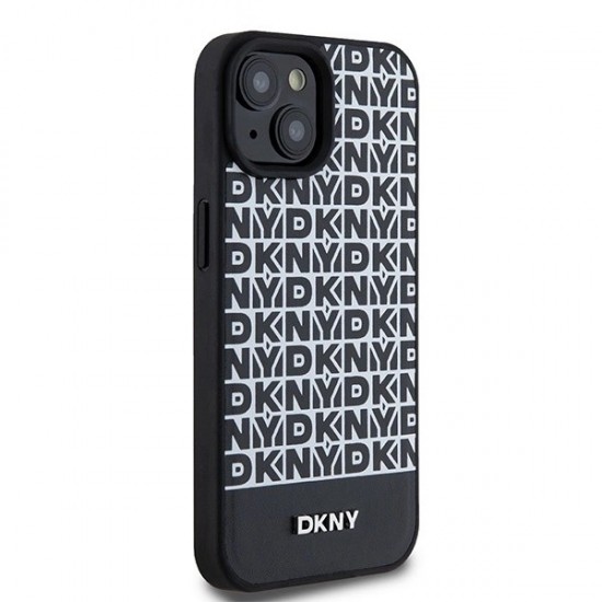 DKNY Leather Printed Pattern Metal Logo MagSafe Case for iPhone 15/14/13 - Black