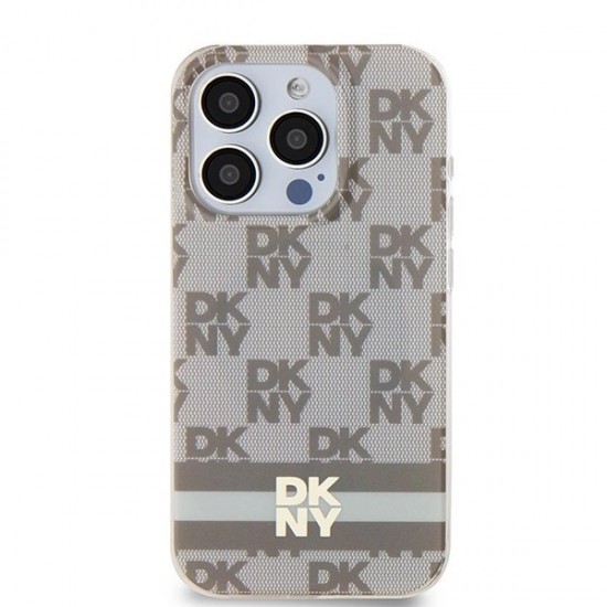 DKNY IML Checkered Mono Pattern & Printed Stripes MagSafe case for iPhone 15 Pro Max - beige