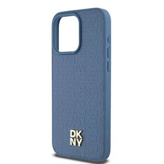 DKNY Leather Monogram Pattern Metal Logo MagSafe Case for iPhone 15 Pro Max - Blue