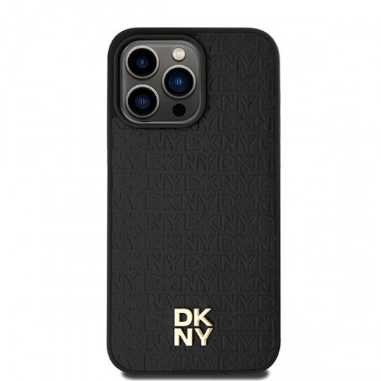 DKNY Leather Monogram Pattern Metal Logo MagSafe Case for iPhone 15 Pro Max - Black