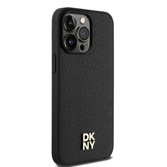 DKNY Leather Monogram Pattern Metal Logo MagSafe Case for iPhone 15 Pro Max - Black