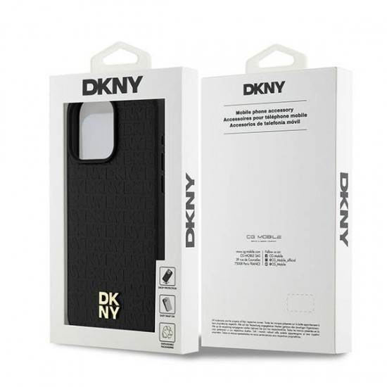 DKNY Leather Monogram Pattern Metal Logo MagSafe Case for iPhone 15 Pro Max - Black