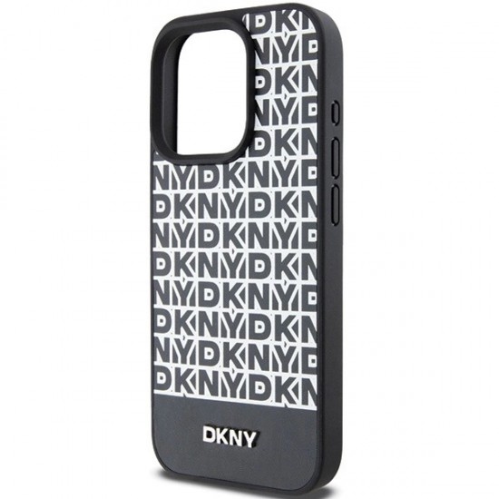 DKNY Leather Printed Pattern Metal Logo MagSafe Case for iPhone 15 Pro Max - Black