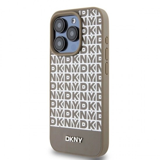 DKNY Leather Printed Pattern Metal Logo MagSafe Case for iPhone 15 Pro Max - Brown
