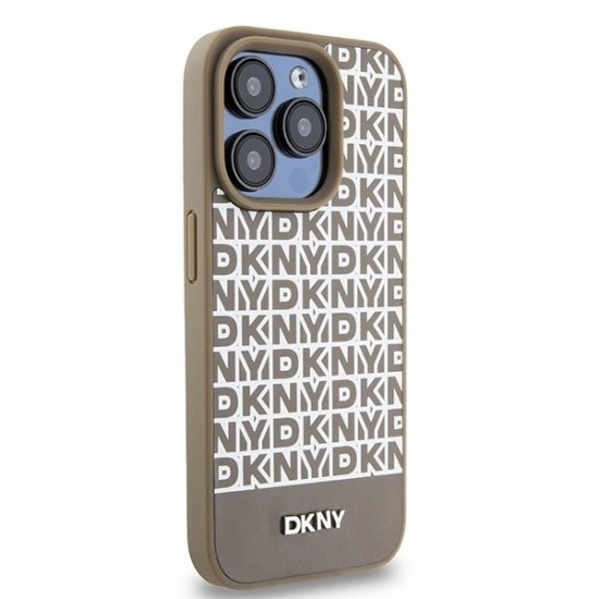 DKNY Leather Printed Pattern Metal Logo MagSafe Case for iPhone 15 Pro Max - Brown
