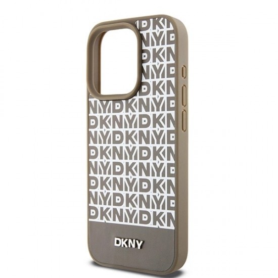 DKNY Leather Printed Pattern Metal Logo MagSafe Case for iPhone 15 Pro Max - Brown