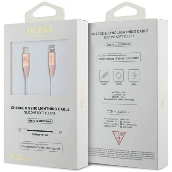 Guess Ebossed Logo USB-C / Lightning Cable 1.5m Fast Charging - Pink
