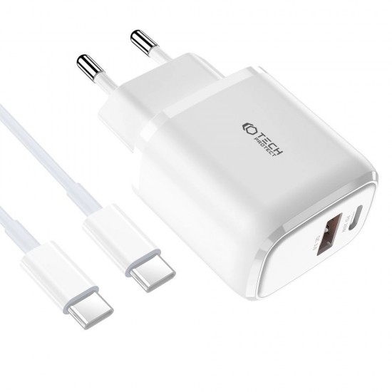 Tech-Protect C20W USB-C PD 20W / USB-A QC 3.0 charger with USB-C / USB-C cable - white