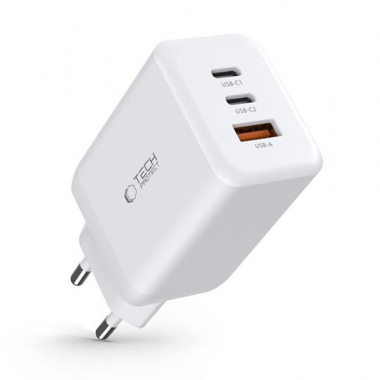 Tech-Protect C65W charger 2x USB-C PD 65W / USB-A QC 3.0 - white