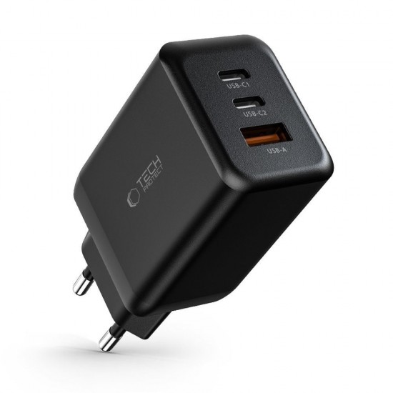 Tech-Protect C65W charger 2x USB-C PD 65W / USB-A QC 3.0 - black