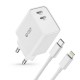 Tech-Protect C35W 2x USB-C PD 35W Wall Charger with USB-C / Lightning Cable - White