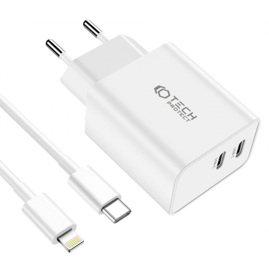 Tech-Protect C35W 2x USB-C PD 35W Wall Charger with USB-C / Lightning Cable - White