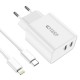 Tech-Protect C35W 2x USB-C PD 35W Wall Charger with USB-C / Lightning Cable - White