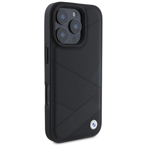 BMW Signature Leather Crossing Lines Pattern iPhone 16 Pro Case - Black