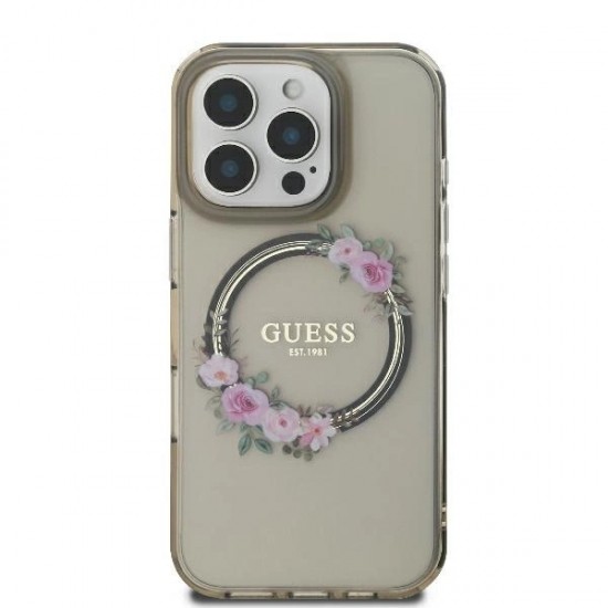 Guess IML Flowers Wreath MagSafe Case for iPhone 16 Pro - Black