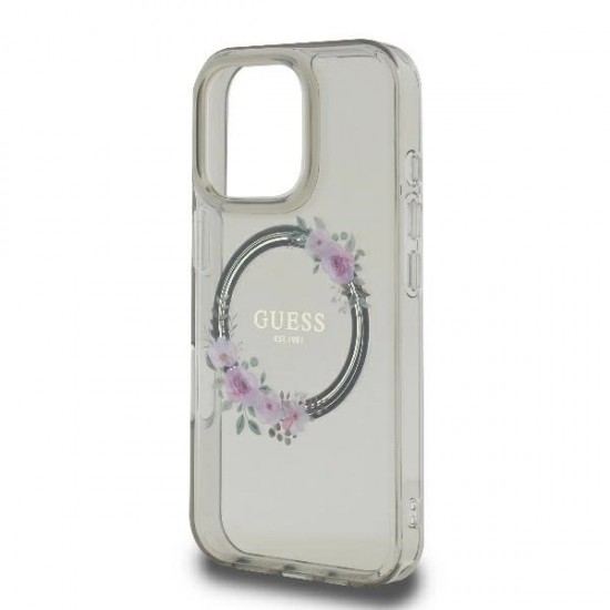Guess IML Flowers Wreath MagSafe Case for iPhone 16 Pro - Black
