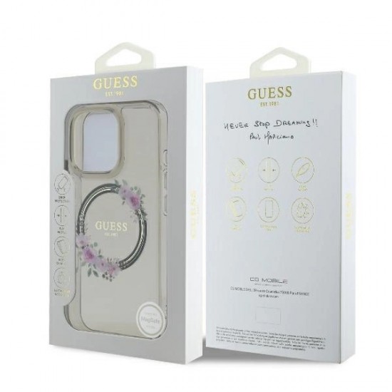 Guess IML Flowers Wreath MagSafe Case for iPhone 16 Pro - Black
