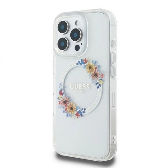 Guess IML Flowers Wreath MagSafe Case for iPhone 16 Pro - Clear