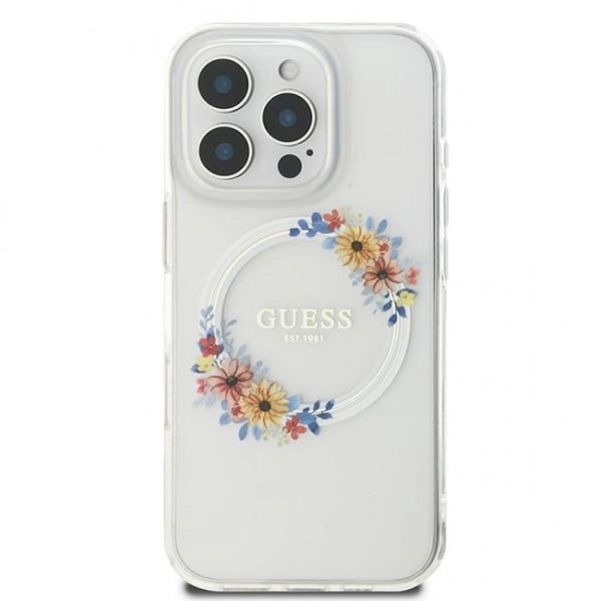 Guess IML Flowers Wreath MagSafe Case for iPhone 16 Pro - Clear