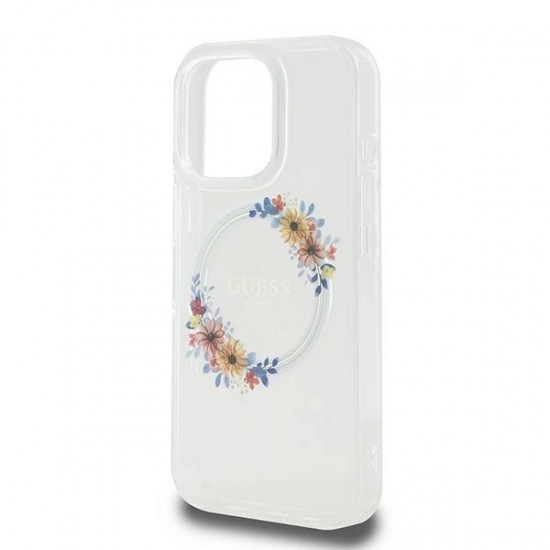Guess IML Flowers Wreath MagSafe Case for iPhone 16 Pro - Clear