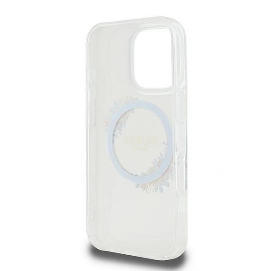 Guess IML Flowers Wreath MagSafe Case for iPhone 16 Pro - Clear