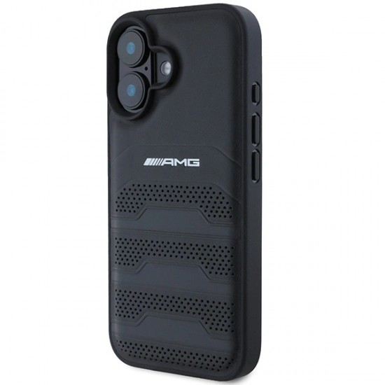 AMG Leather Debossed Lines Black Logo iPhone 16 Case - Black