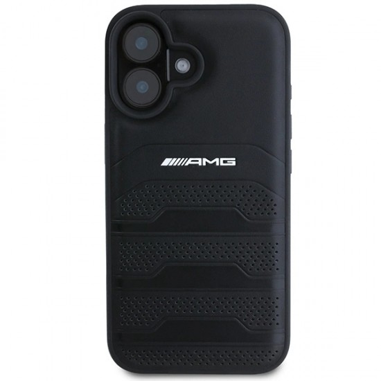 AMG Leather Debossed Lines Black Logo iPhone 16 Case - Black