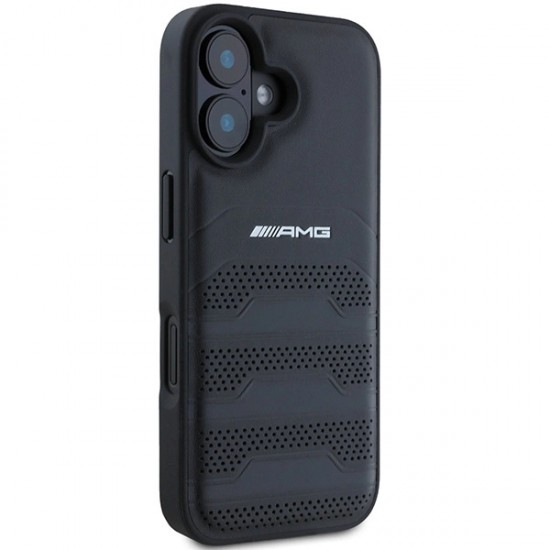 AMG Leather Debossed Lines Black Logo iPhone 16 Case - Black